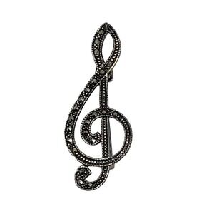 Vintage Signed MA Michael Anthony Sterling Silver Marcasite Treble Clef Brooch